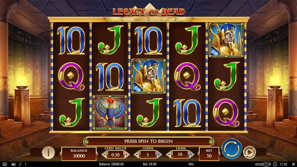 Preview of Legacy of Dead slot showing the reels and Egyptian-themed symbols in action.
