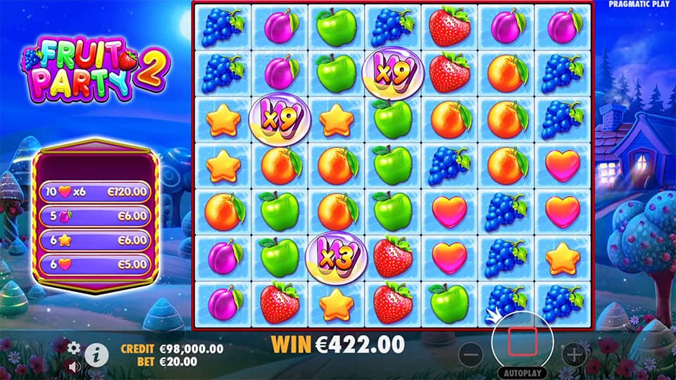 Wild Multiplier symbols with x9 x9 and x3 values appearing in Fruit Party 2 slot.