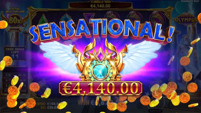Gates of olympus slot big win Sensational win screen in Gates of Olympus slot displaying a €4,140 payout.