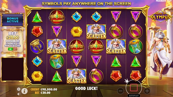 Gates of olympus slot free spins Four Scatter symbols appearing in Gates of Olympus slot, triggering the Free Spins bonus round.