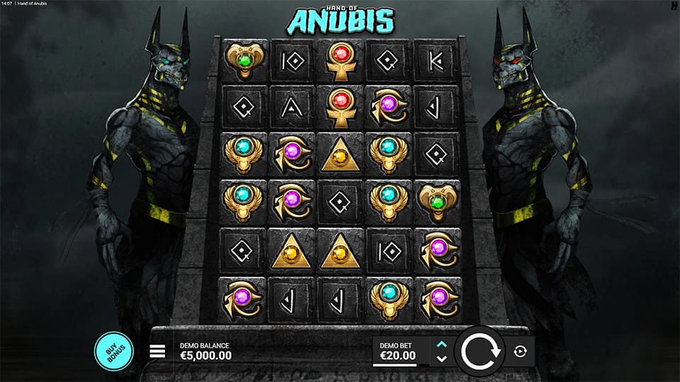 Preview of Hand of Anubis slot showing the reels and dark Egyptian-themed symbols.