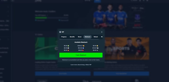 Pop-up showing available Rakeback amounts in different cryptocurrencies, depending on the user’s chosen coin for wagering.