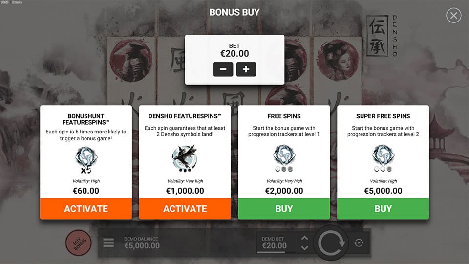 Bonus Buy feature in Densho slot offering Bonushunt Featurespins for x3, Densho Featurespins for x50, Free Spins for x100 and Super Free Spins for x250 the bet.
