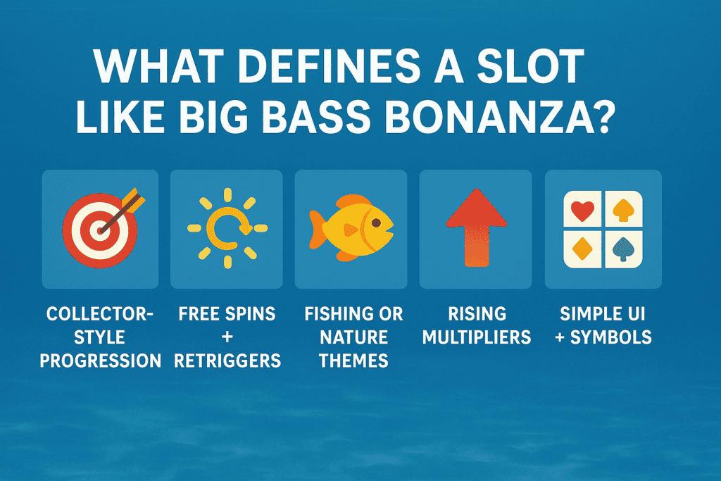 Visual summary of five gameplay elements found in Big Bass-style slots: free spins, progression, nature theme, multipliers and simple layout.