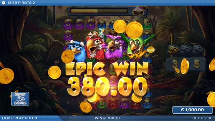 Pirots 2 slot showing Epic Win of 1,000.00 with golden coins and purple bird in spotlight.