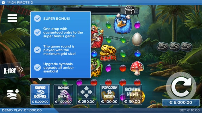 Pirots 2 bonus buy menu with Super Bonus, Bonus Hunt and Feature Bonanza listed by cost.