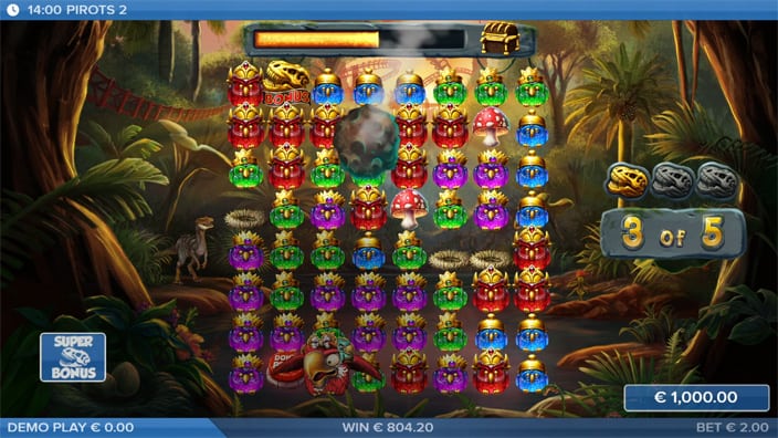 Pirots 2 slot showing bomb symbols ready to explode and clear gems for extra drops.