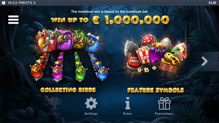 Pirots 2 homepage with feature overview and game symbol explanations.