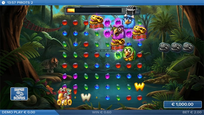 Pirots 2 slot free spins round with expanded grid, bird characters and bonus symbols.