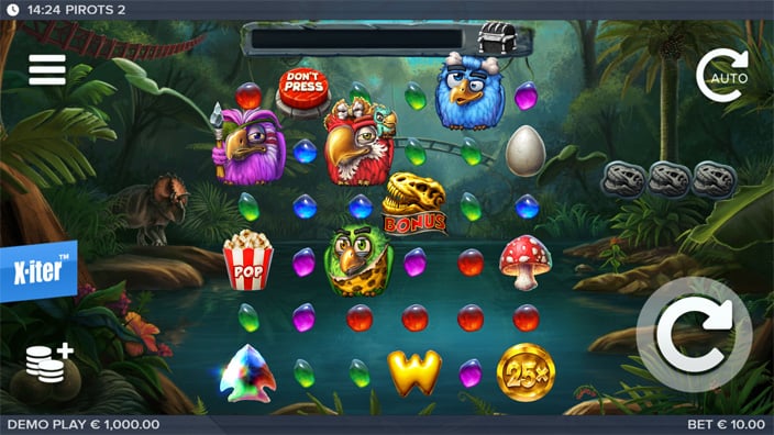 Pirots 2 slot grid with colorful gems, bird characters, barrels and bonus icons on ship ropes.