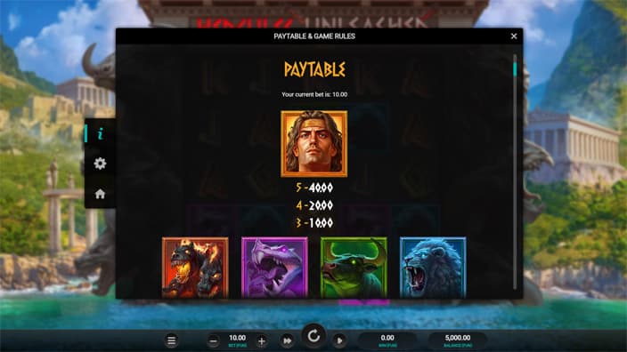 Hercules Unleashed Dream Drop slot paytable