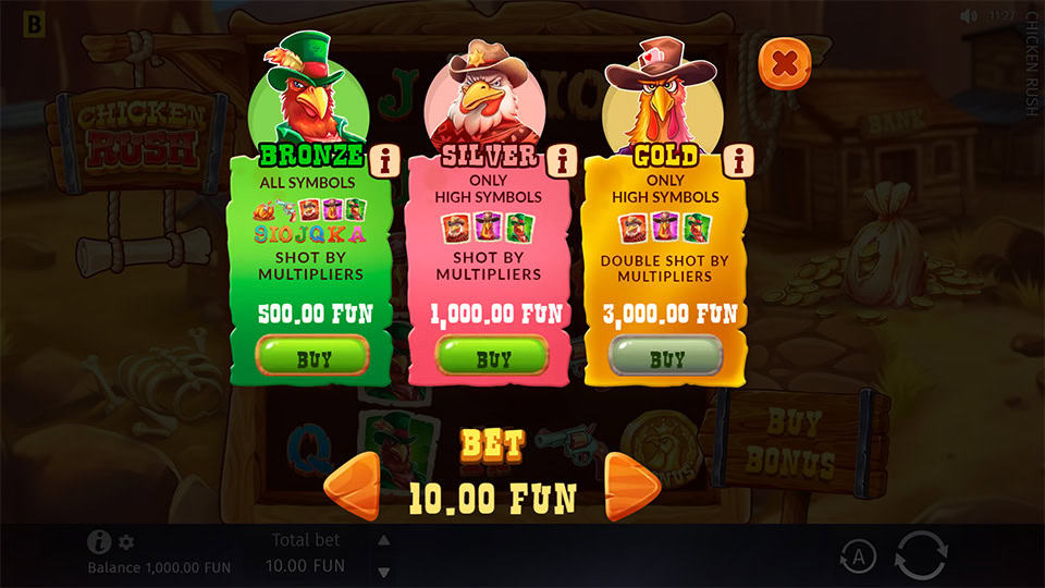 Buy Bonus feature in Chicken Rush slot offering Bronze for x50, Silver for x100 and Gold for x300 the bet.