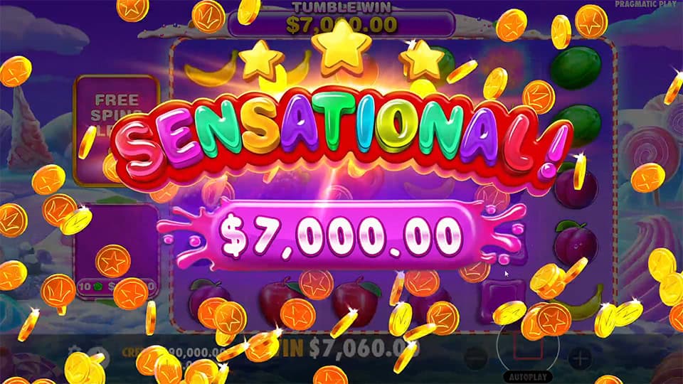 Sensational win screen in Sweet Bonanza 1000 slot displaying a €7,000 payout.