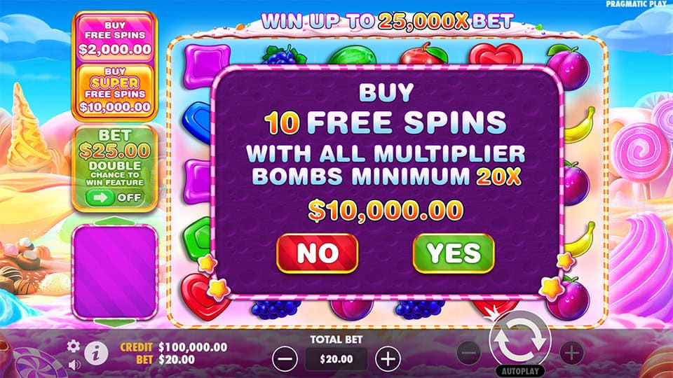 Buy Super Free Spins feature in Sweet Bonanza 1000 slot, available for x500 the bet.