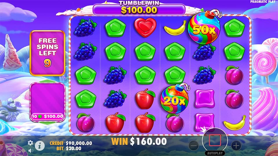 Bomb multiplier symbols appearing in Sweet Bonanza 1000 slot with values of x20 and x50.