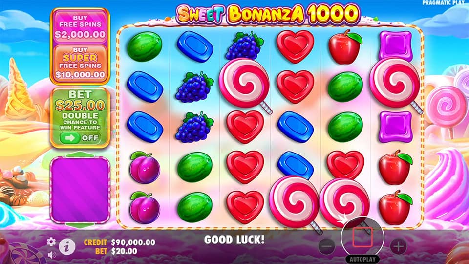 Four Scatter symbols appearing in Sweet Bonanza 1000 slot, triggering the Free Spins bonus round.