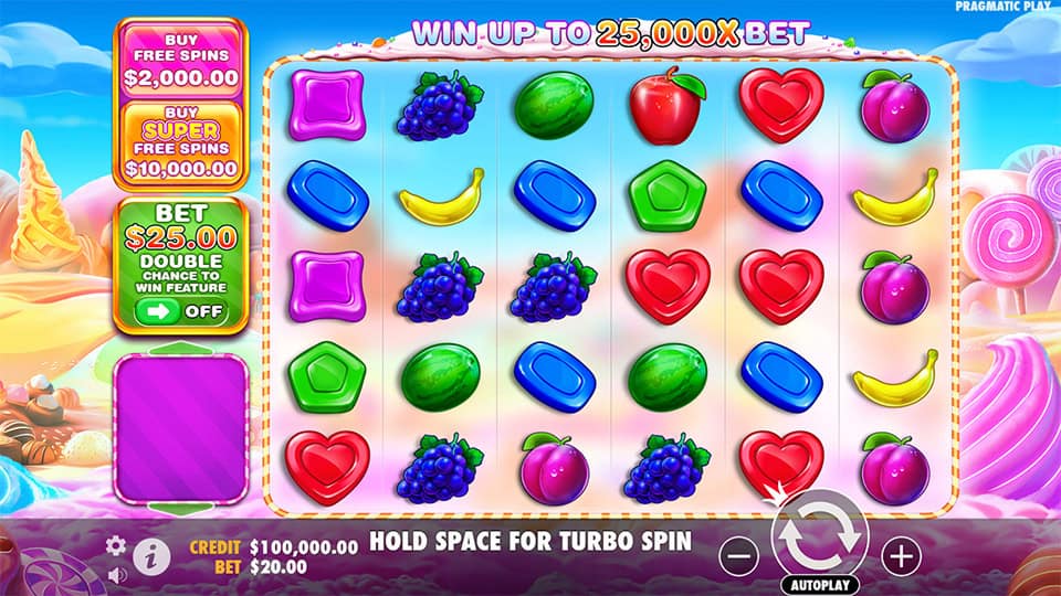 Preview of Sweet Bonanza 1000 slot showing the reels and fruit-and-candy-themed symbols in action.
