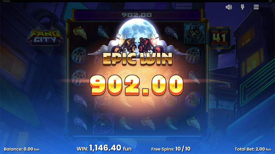 Epic Win message displayed over full moon and biker symbols with a glowing background.