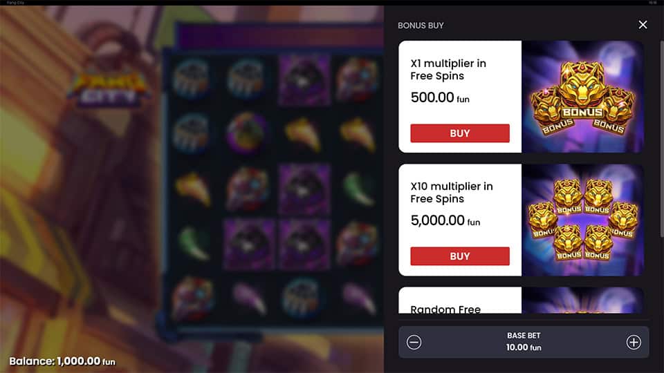 Feature buy menu offering free spins with x1 and x10 multipliers and random options.