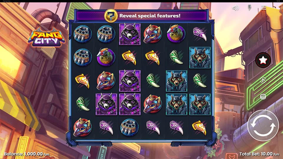 Reels filled with masks, claws and beast symbols inside a vibrant city alley setting.