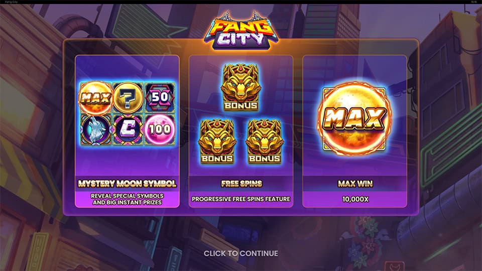 Intro screen showing max win, free spins and moon symbol mechanics in purple UI.