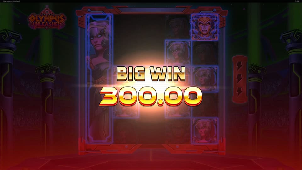 Big Win screen displaying 300.00 with glowing animations and Athena in the background.