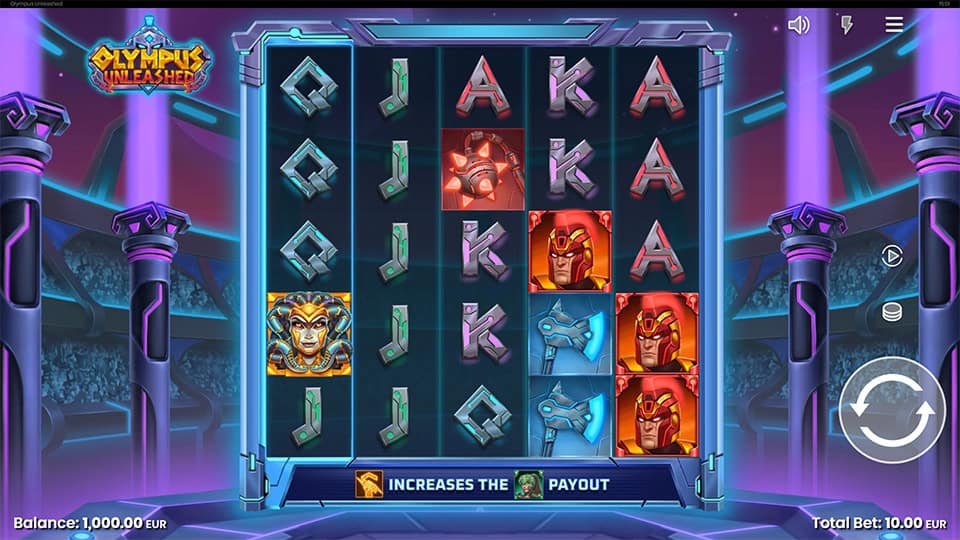 Base game screen with reels showing Medusa symbols, god characters and card icons.