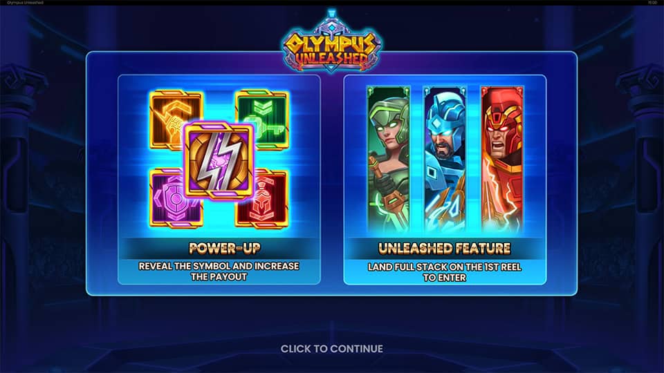 Intro screen highlighting Power-Up and Unleashed features with character and symbol explanations.