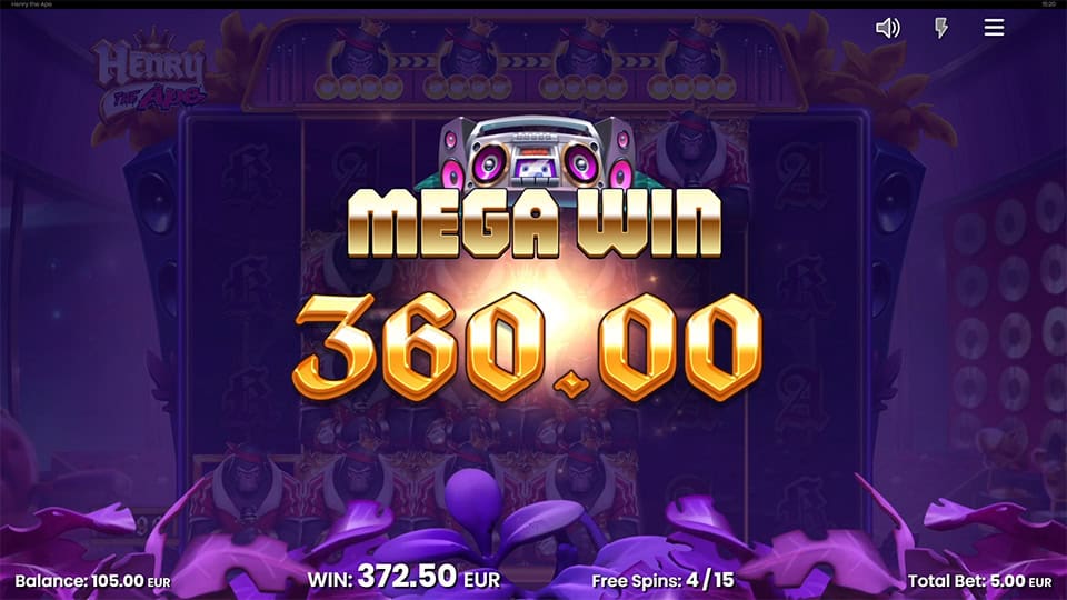 360.00 Mega Win text with glowing letters and a boombox symbol, surrounded by purple lights and ape fans.