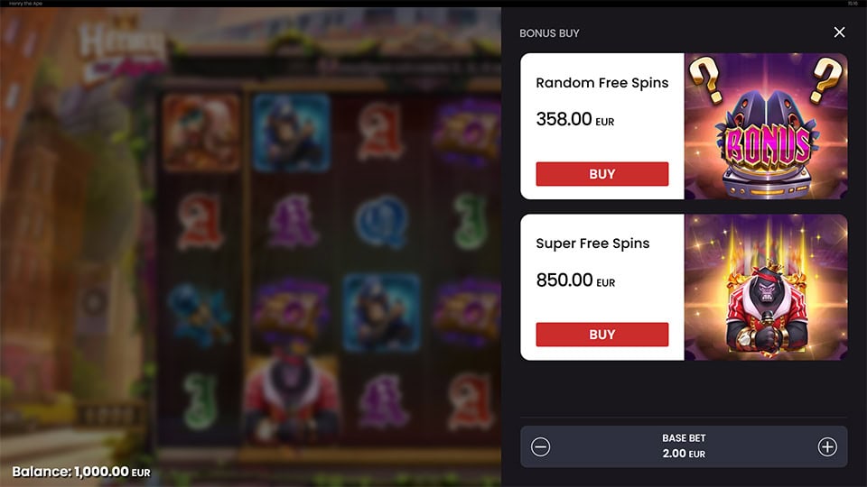 Bonus Buy menu offering Random Free Spins and Super Free Spins, shown on a side panel.