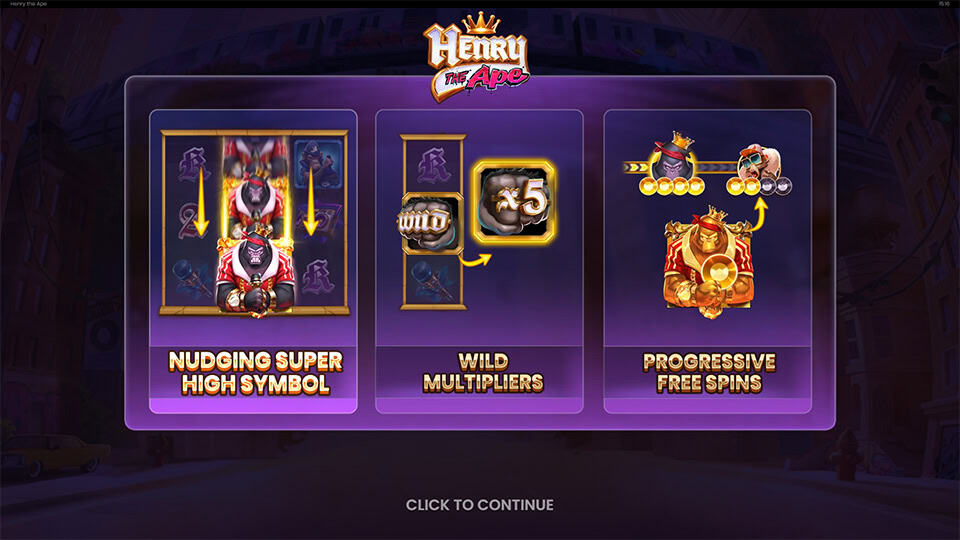 Intro screen displaying nudging high symbols, wild multipliers and progressive free spins with gold crown visuals.