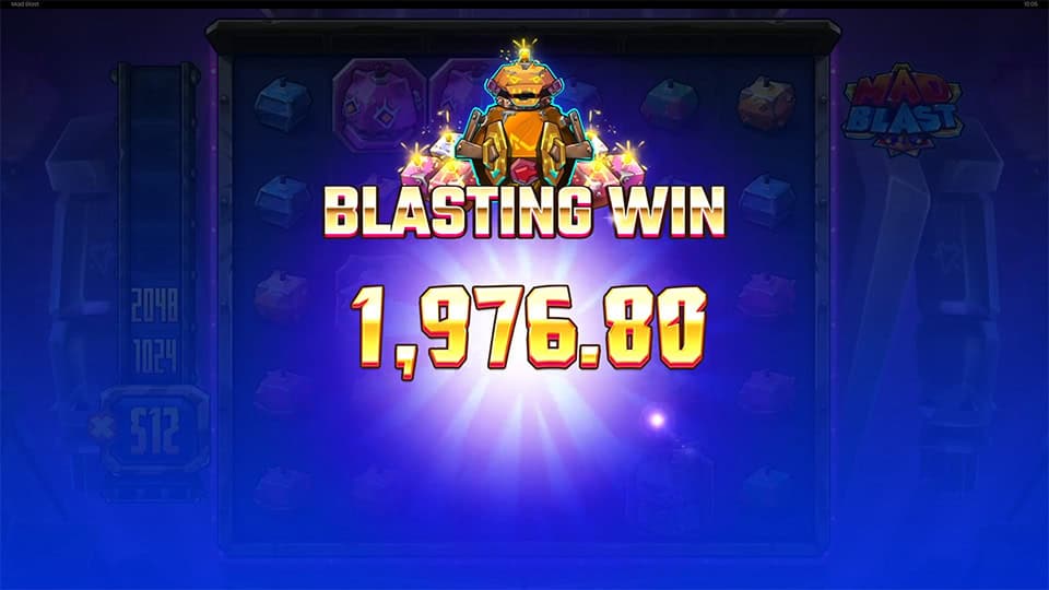 Blasting Win screen in Mad Blast slot displaying a €1,976.80 payout.