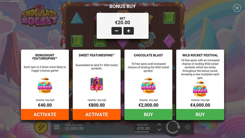 Buy feature in Chocolate Rocket slot offering Bonushunt Featurespins, Sweet Featurespins, Chocolate Blast and Wild Rocket Festival options.