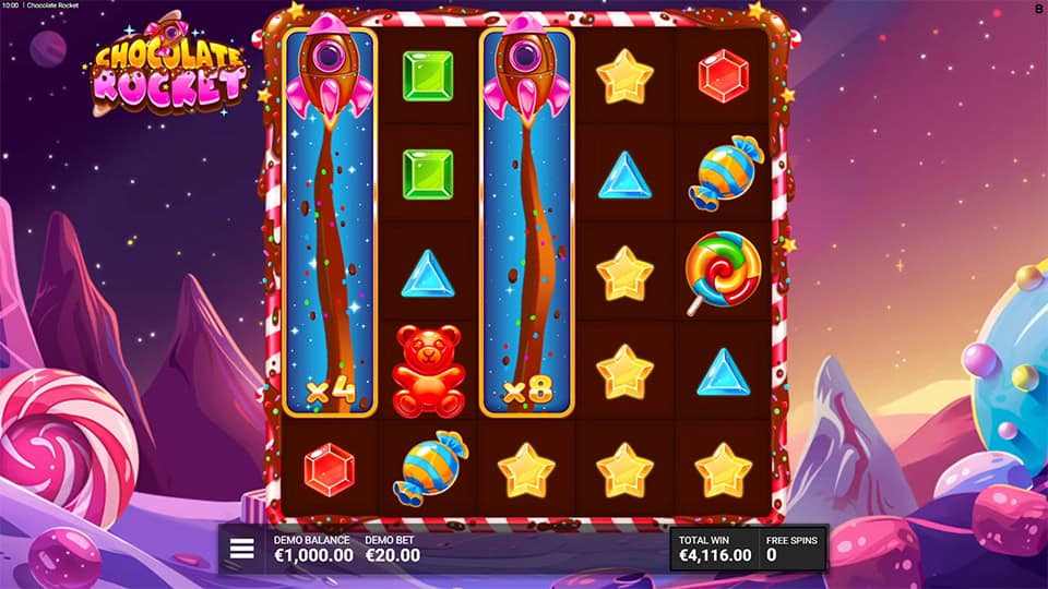 Expanding symbols with x4 and x8 multipliers appearing in Chocolate Rocket slot.