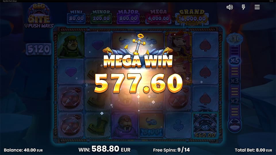 Mega Win of 577.60 in Big Bite Push Ways slot, with glowing text and jackpot display.