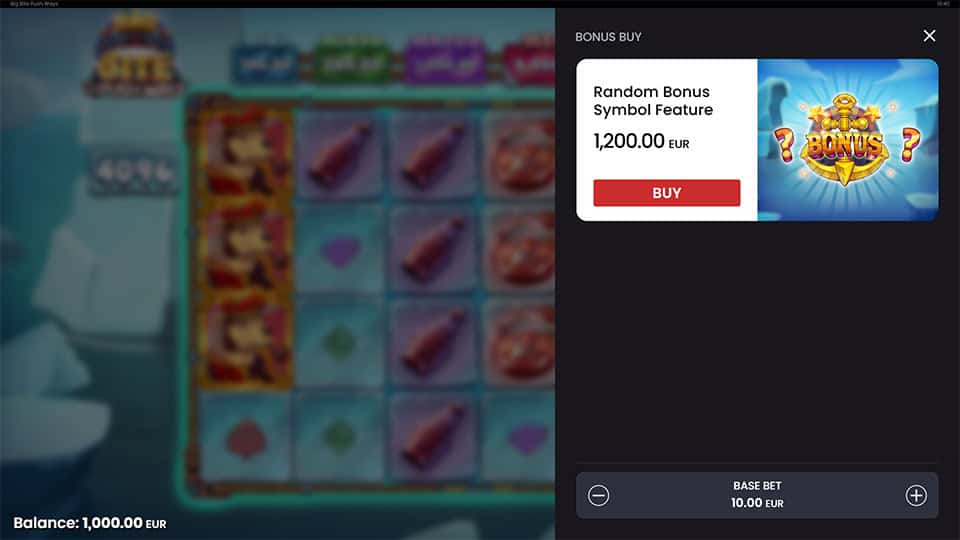 Big Bite Push Ways slot Buy Feature menu, allowing players to purchase bonus rounds for x120 bet.