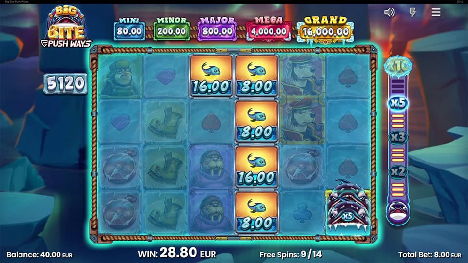 Orca Collector symbol on reel 6 in Big Bite Push Ways, triggering special features and multipliers.