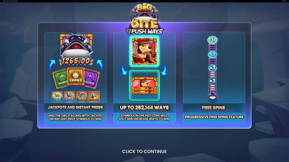 Big Bite Push Ways slot feature overview, showcasing jackpots, paylines and special mechanics.