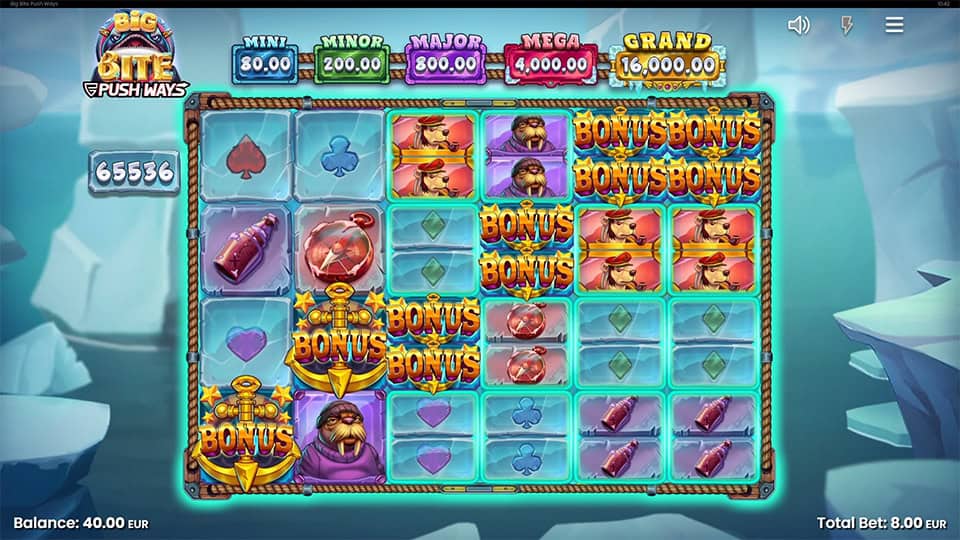 Big Bite Push Ways slot showing 10 Scatter symbols, unlocking the Free Spins Bonus round.