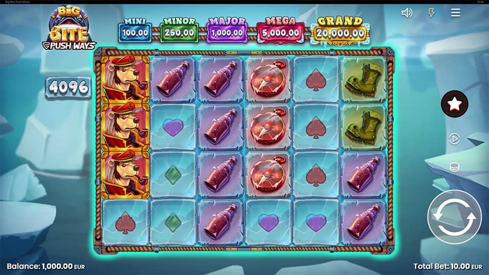 Gameplay preview of Big Bite Push Ways slot, showing symbols, reels and jackpot values.