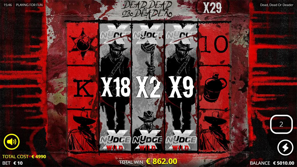 xNudge Wild symbols appearing in Dead, Dead or Deader slot with multipliers x18, x2 and x9.