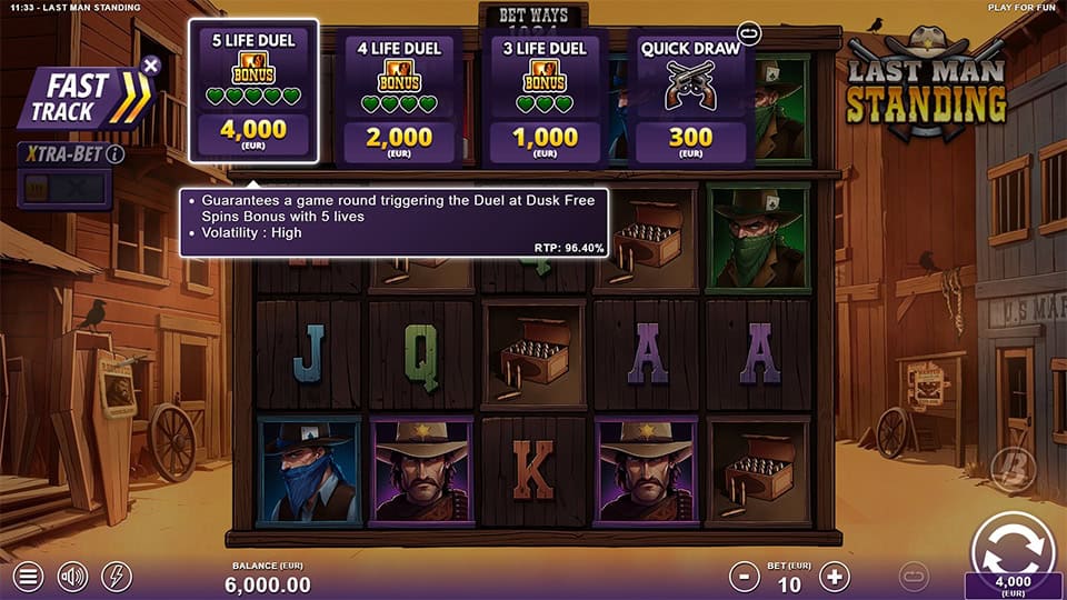 Bonus Buy options in Last Man Standing slot with Quick Draw, 3 Life Duel, 4 Life Duel and 5 Life Duel selections.
