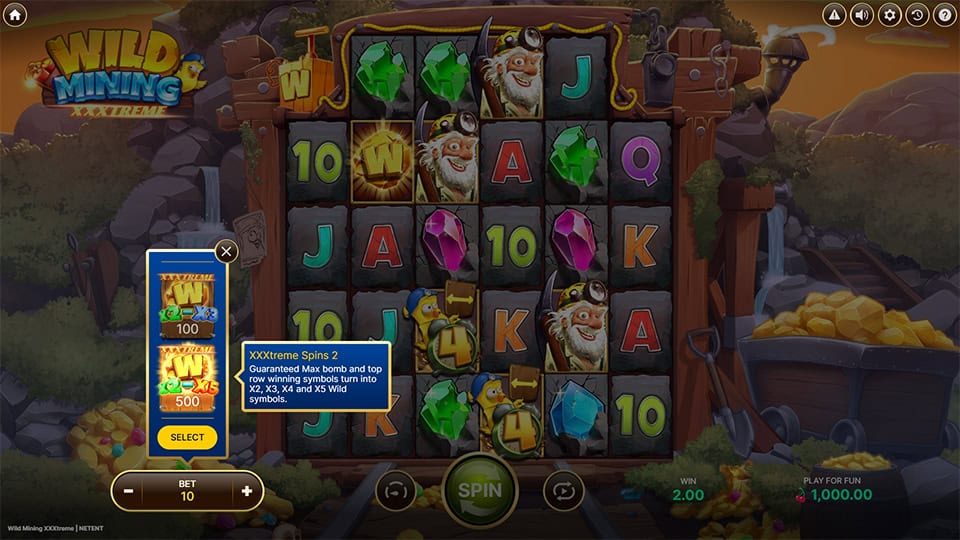 Buy XXXtreme Spins feature in Wild Mining XXXtreme slot, offering Spins 1 for x10 the bet and Spins 2 for x50 the bet.