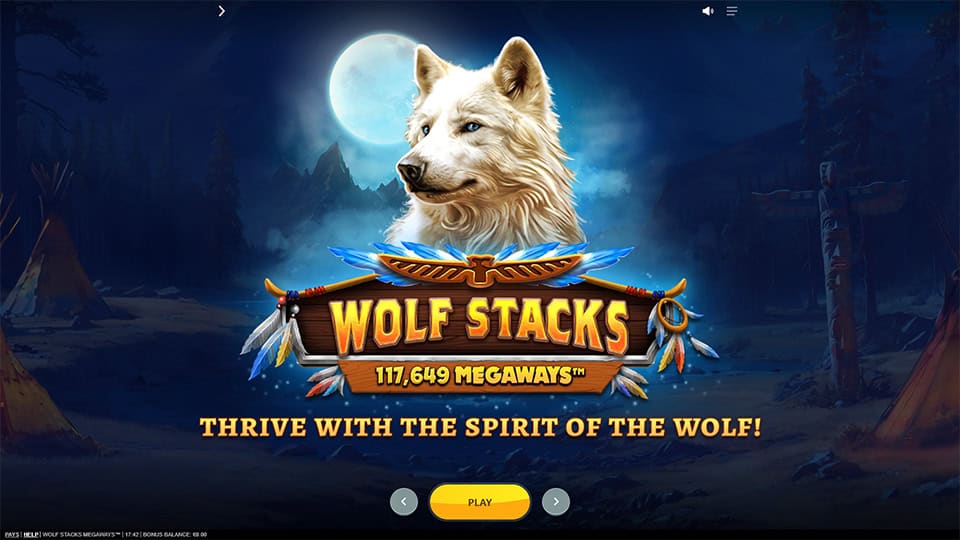 Homepage of Wolf Stacks Megaways slot introducing game features and bonus mechanics.