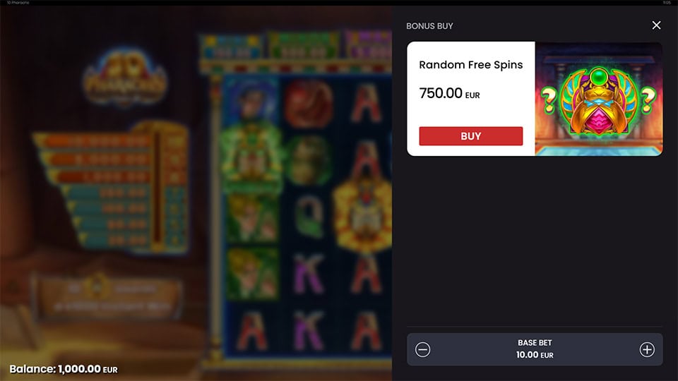 Bonus Buy screen for purchasing random Free Spins in 10 Pharaohs.