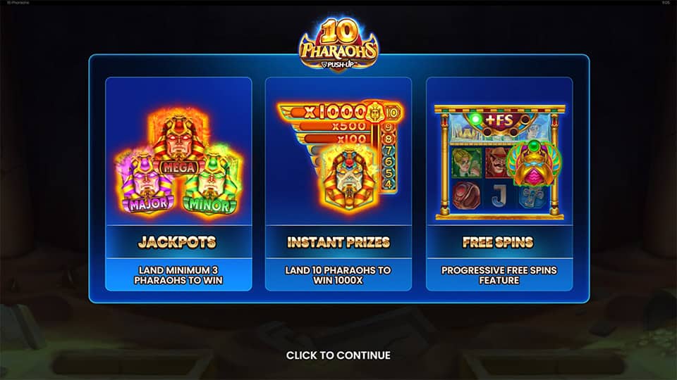 Intro screen showing jackpots, instant prizes and the free spins mechanic.