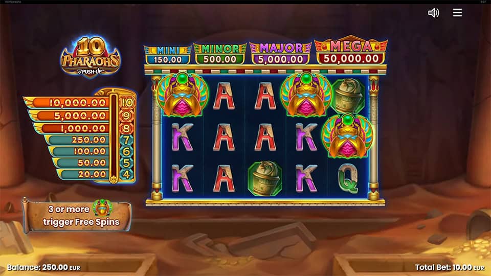 Three scarab symbols landing to trigger the free spins bonus in 10 Pharaohs.