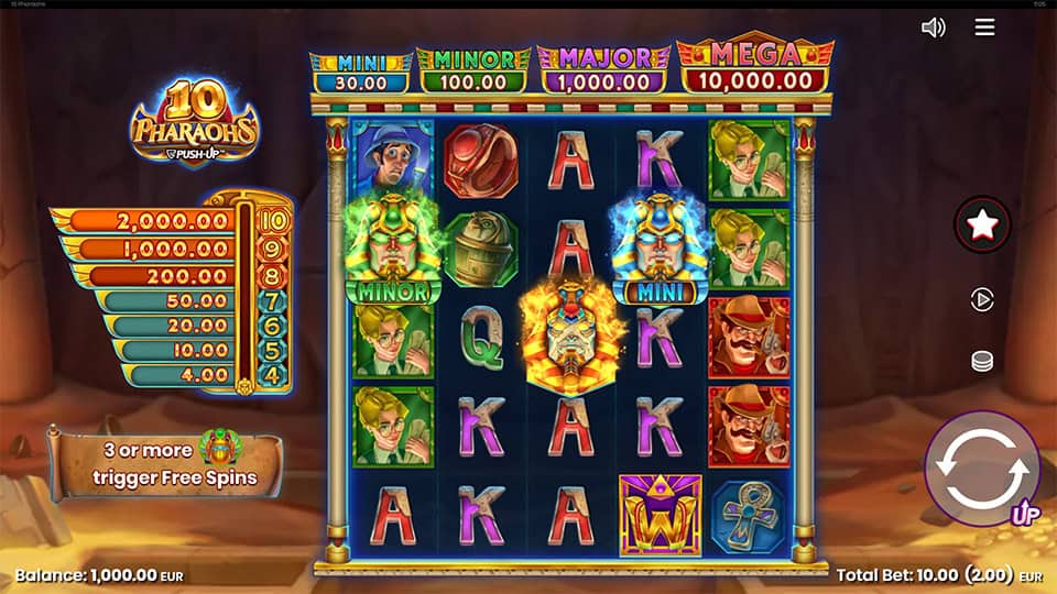 Main game screen of 10 Pharaohs showing symbols, jackpot tiers and paylines.