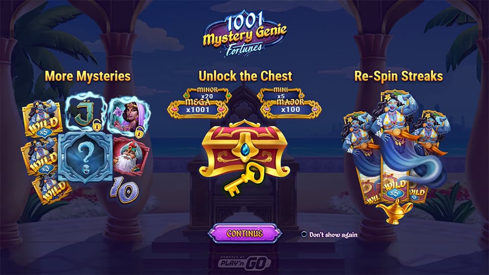 1001 Mystery Genie Fortunes slot homepage displaying key features, including More Mysteries, Unlock the Chest and Re-Spin Streaks.