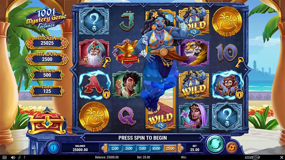 Gameplay view of 1001 Mystery Genie Fortunes slot featuring the reels, wild symbols and jackpot indicators.